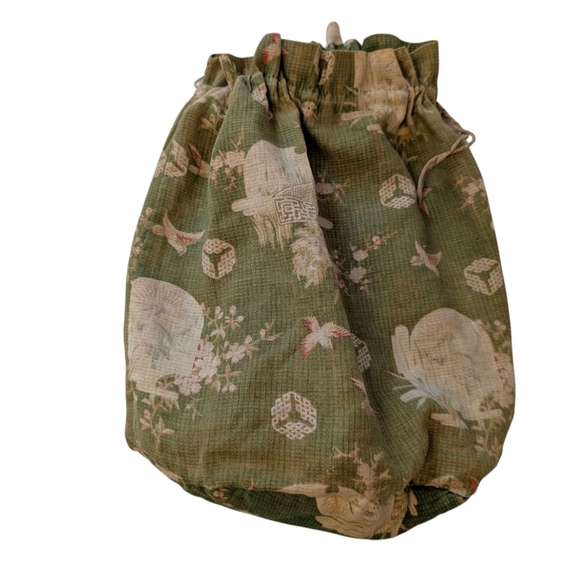 FABRIC VINTAGE 1920 Jewelry Bag Drawstring Green Floral Makeup Whatnot Bag - Picture 9 of 12